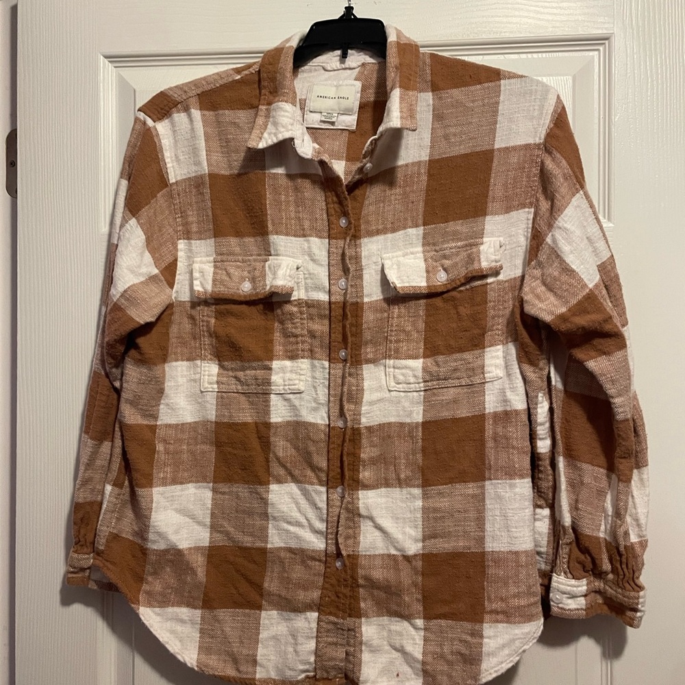 American Eagle Outfitters Brown and White Plaid Womens Shirt